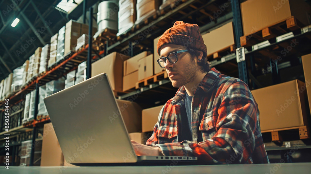 A warehouse worker sits at a table, illuminated by overhead lights, working on a laptop computer. The worker is surrounded by towering shelves stocked with boxes and pallets A warehouse worker sits at a table, illuminated by overhead lights, working on a laptop computer. The worker is surrounded by towering shelves stocked with boxes and pallets