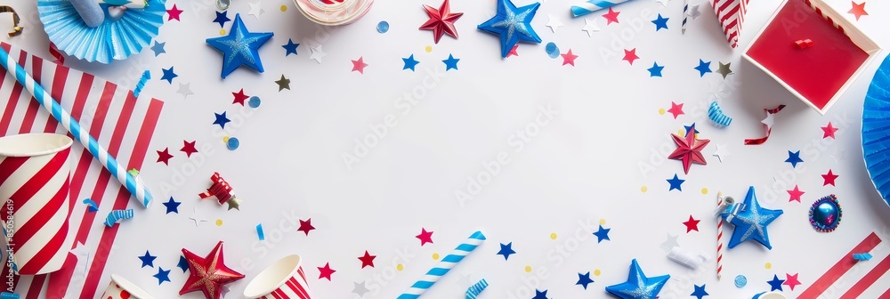 Obraz premium Patriotic party table setup with decorations - A view of a festive table setup featuring red, blue, and white party decorations for an American-themed celebration