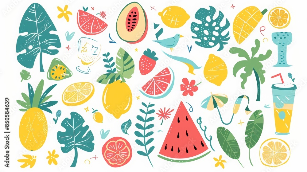 Set of summer graphic elements in cartoon style: lemons, watermelons, fruits, cocktails, ice cream, palm trees, ribbons and other decorations. Set of summer graphic elements in cartoon style: lemons, watermelons, fruits, cocktails, ice cream, palm trees, ribbons and other decorations.