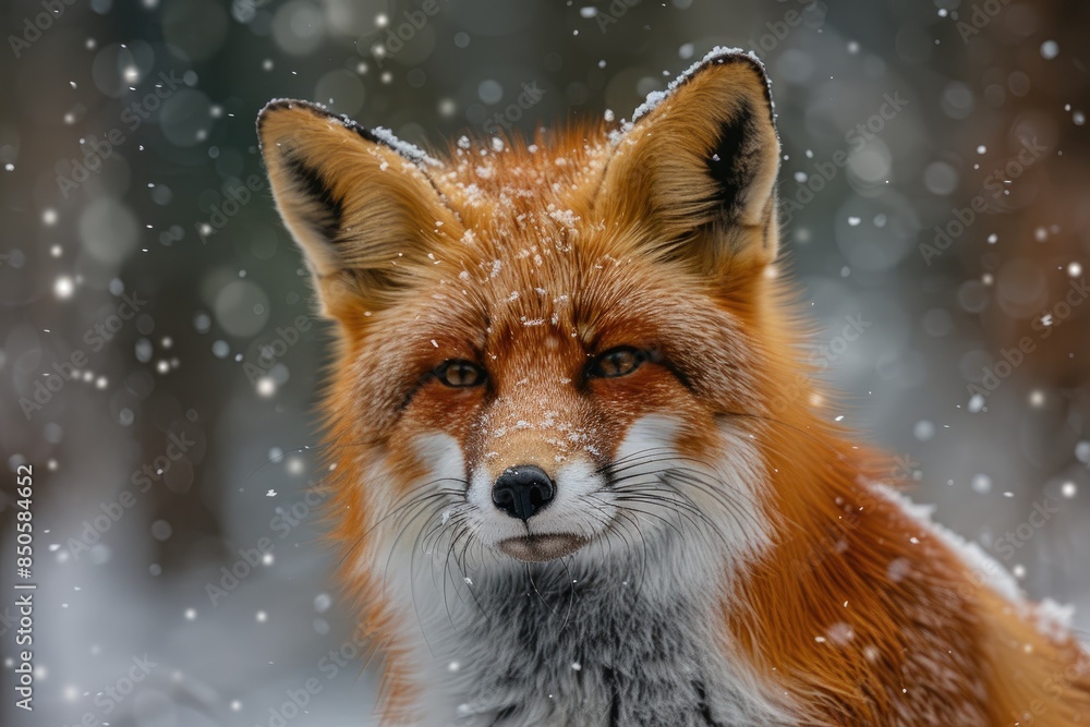 A close-up shot of a vibrant red fox with its thick fur, standing in a snowy forest with delicate snowflakes falling A close-up shot of a vibrant red fox with its thick fur, standing in a snowy forest with delicate snowflakes falling