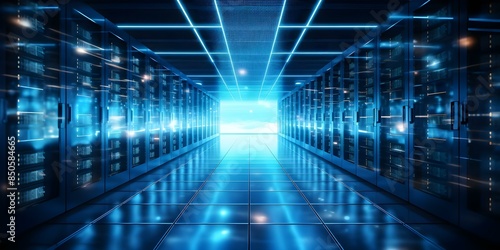 Data server center providing digital hosting services for online infrastructure and storage. Concept Data servers, Online hosting, Digital infrastructure, Storage solutions, Internet services