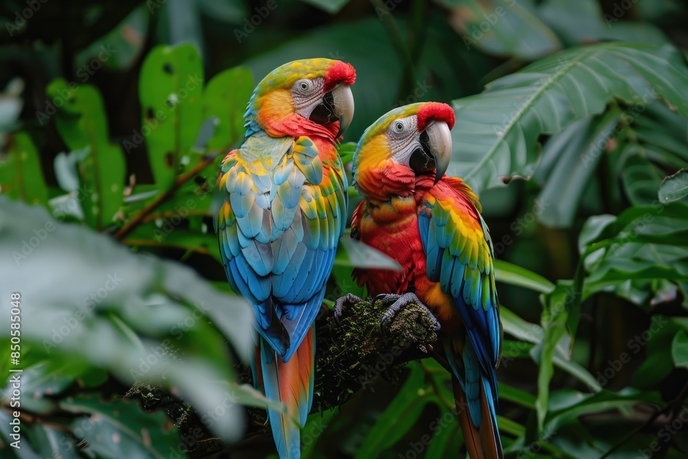 Fototapeta premium A pair of colorful parrots perched on a branch in a tropical rainforest, surrounded by lush green foliage