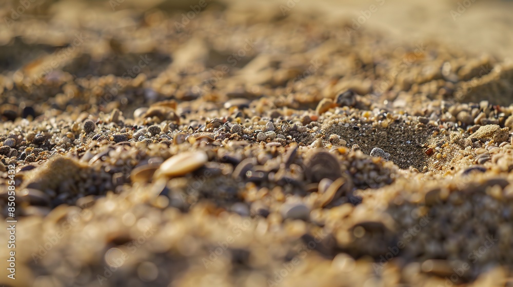 Close-up of sandbox sand, soft evening light, mixed grains with tiny shells. Close-up of sandbox sand, soft evening light, mixed grains with tiny shells.