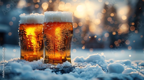 Beer in the snow Beer glasses set on a snowy surface with soft snowflakes falling photo