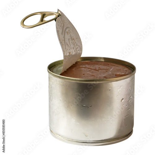 an open can with drops of condensate. canned meat, fish, pate.