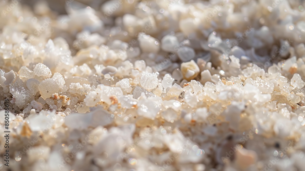 Close-up of coral sand, dappled sunlight, white grains with tiny coral fragments. Close-up of coral sand, dappled sunlight, white grains with tiny coral fragments.
