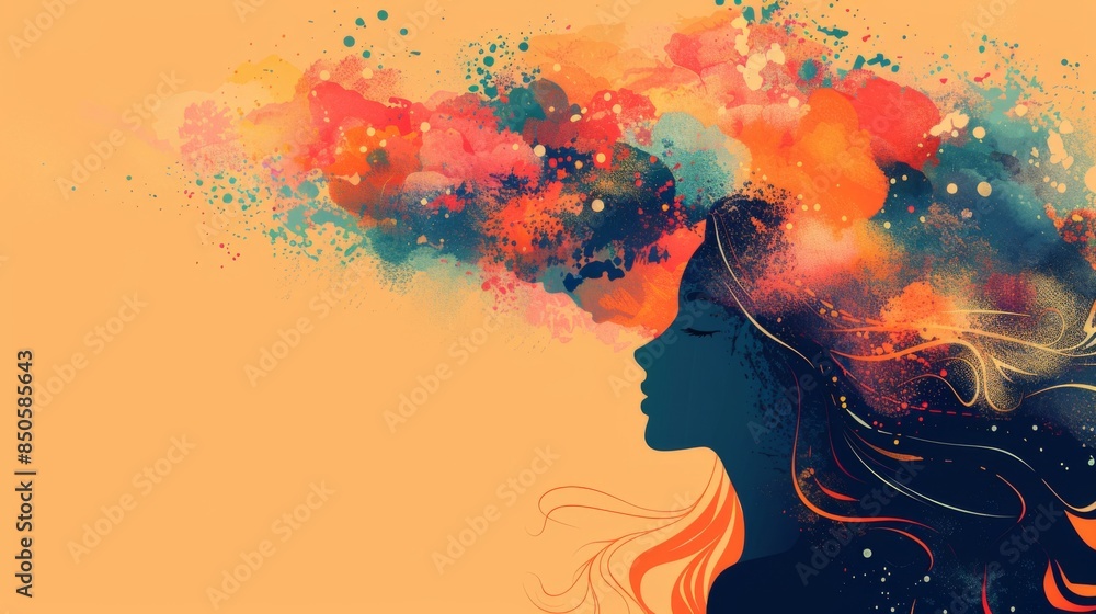 Horizontal banner. World ADHD Awareness Day. Head of a girl on a peach background with multi-colored chaotic strokes and spots. Mental health. Attention deficit hyperactivity disorder. Autism spectrum Horizontal banner. World ADHD Awareness Day. Head of a girl on a peach background with multi-colored chaotic strokes and spots. Mental health. Attention deficit hyperactivity disorder. Autism spectrum