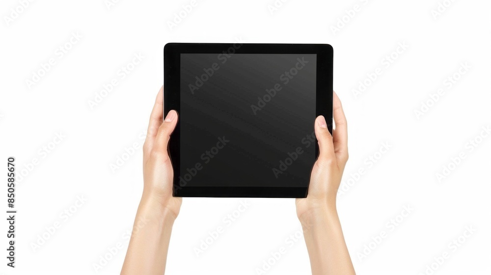 A person is holding a tablet with a black screen A person is holding a tablet with a black screen