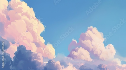 Close-up of fluffy cumulus clouds, soft morning light, billowing and white against a blue sky. 