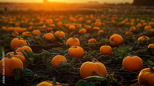 Golden hour in pumpkin field during harvest time.