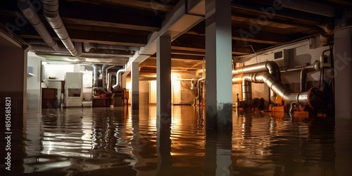 Basement flooded due to burst pipe in old unclean space. Concept Water Damage  Burst Pipe  Basement Flooding  Cleanup Process  Preventative Maintenance