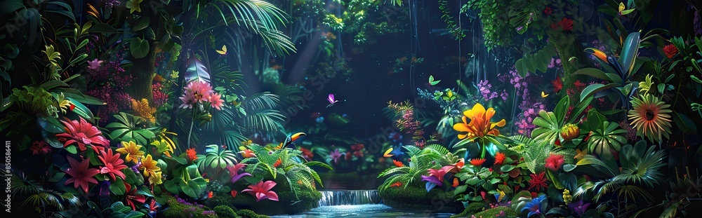 Dark rainforest sun rays through the trees and birds digital illustration. AI generated illustration. Dark rainforest sun rays through the trees and birds digital illustration. AI generated illustration.