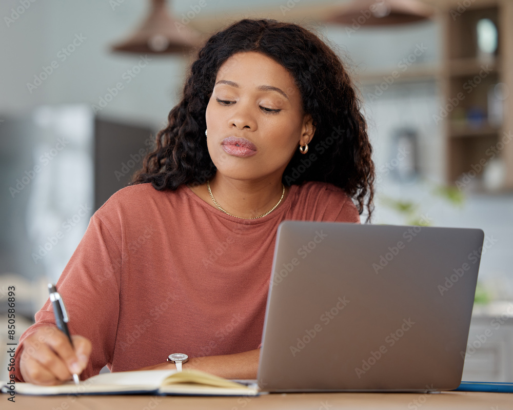 Diary, online course and woman in home for planning, schedule and finance research for budget. Freelancer, savings and technology for investment, strategy and notebook for accounting and trading Diary, online course and woman in home for planning, schedule and finance research for budget. Freelancer, savings and technology for investment, strategy and notebook for accounting and trading