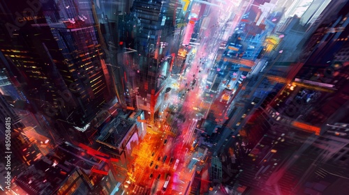 Dynamic aerial view of a bustling cityscape at night, featuring vibrant lights and modern skyscrapers in a futuristic urban setting.