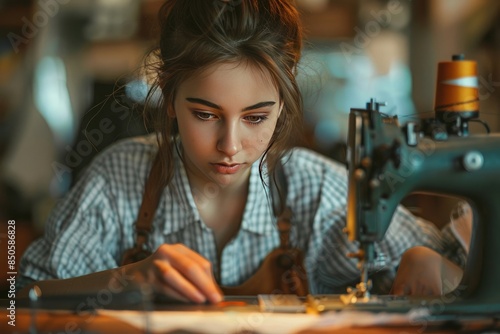 Young woman using sewing machine, startup business