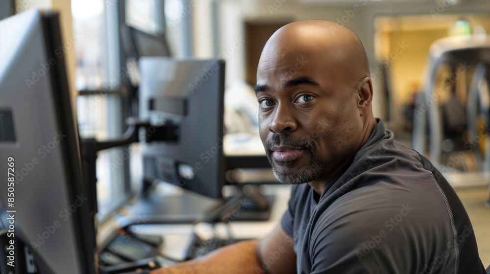 A middle-aged African American man sitting at his workstation in an office, looking towards the camera A middle-aged African American man sitting at his workstation in an office, looking towards the camera
