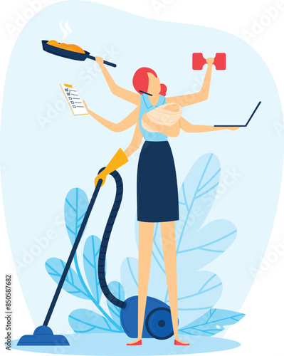 Multitasking woman cooking vacuuming exercising working home. Female figure juggling tasks frying pan dumbbell laptop vacuum cleaner. Busy woman handling housework fitness job simultaneously