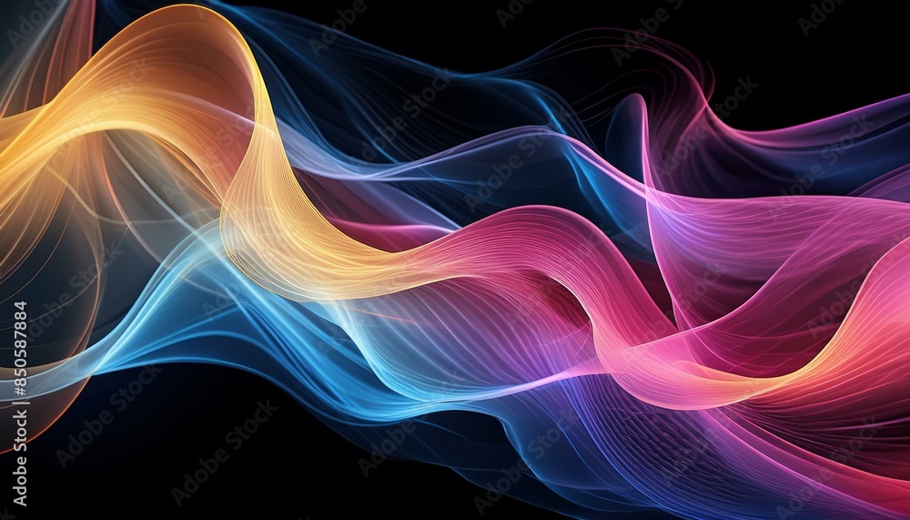 IIntricately flowing pink blue yellow waves on black background. Smooth curvy shape fluid background. Transparent smooth wave. Colored smoke whiffs and swirls. AI generative IIntricately flowing pink blue yellow waves on black background. Smooth curvy shape fluid background. Transparent smooth wave. Colored smoke whiffs and swirls. AI generative