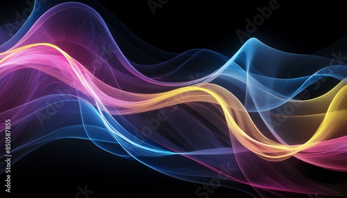 IIntricately flowing pink blue yellow waves on black background. Smooth curvy shape fluid background. Transparent smooth wave. Colored smoke whiffs and swirls. AI generative