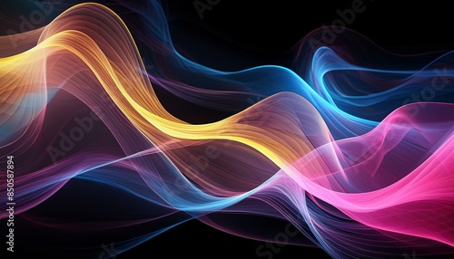 IIntricately flowing pink blue yellow waves on black background. Smooth curvy shape fluid background. Transparent smooth wave. Colored smoke whiffs and swirls. AI generative