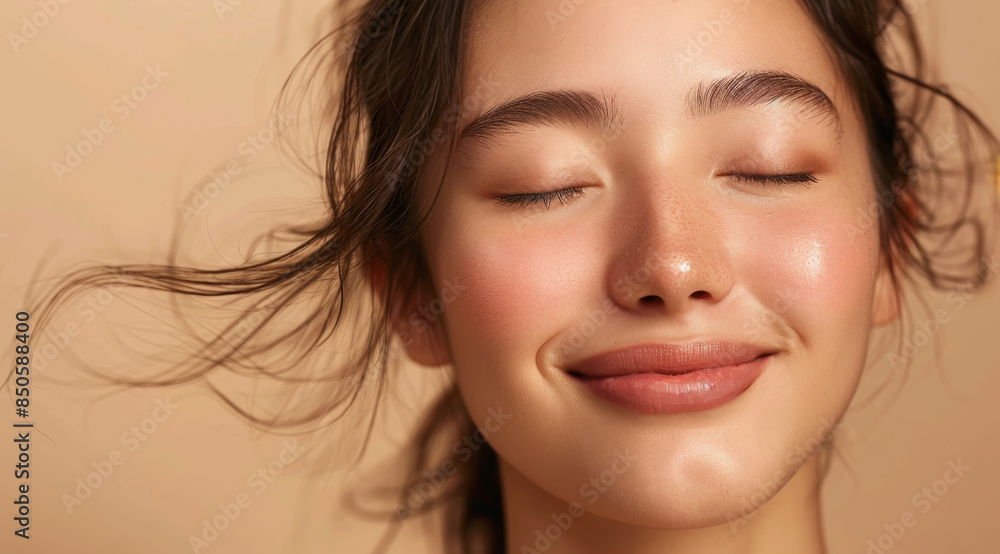 Close-up of a smiling woman with eyes closed, exuding calmness and contentment against a beige background, capturing serene happiness. Close-up of a smiling woman with eyes closed, exuding calmness and contentment against a beige background, capturing serene happiness.