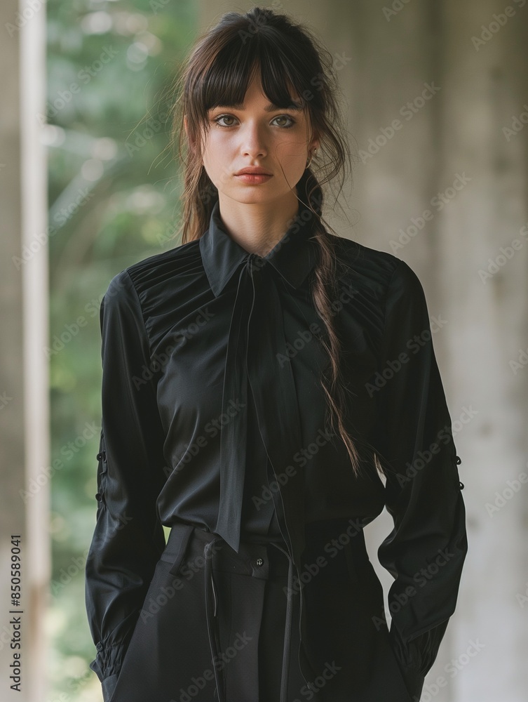 Elegant Young Woman Posing in Stylish Black Attire Elegant Young Woman Posing in Stylish Black Attire