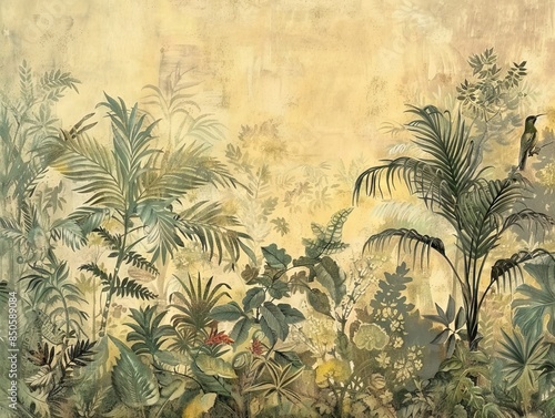 Modern wallpaper. Watercolor jungle illustration. Crane bird elements, watercolor painting wallpaper. Mural wallpaper. AI generated illustration