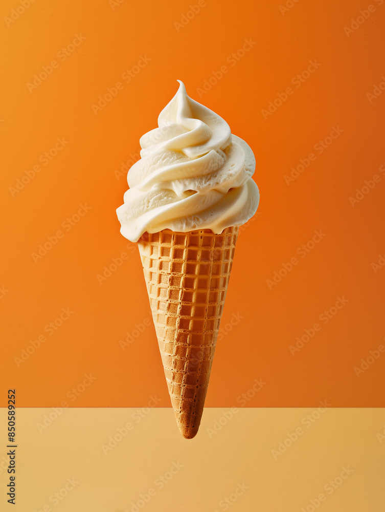 Sweet delicious ice cream in a waffle cone. Dessert, ice cream in a waffle cup levitates on an orange background. Summer poster. Sweet delicious ice cream in a waffle cone. Dessert, ice cream in a waffle cup levitates on an orange background. Summer poster.