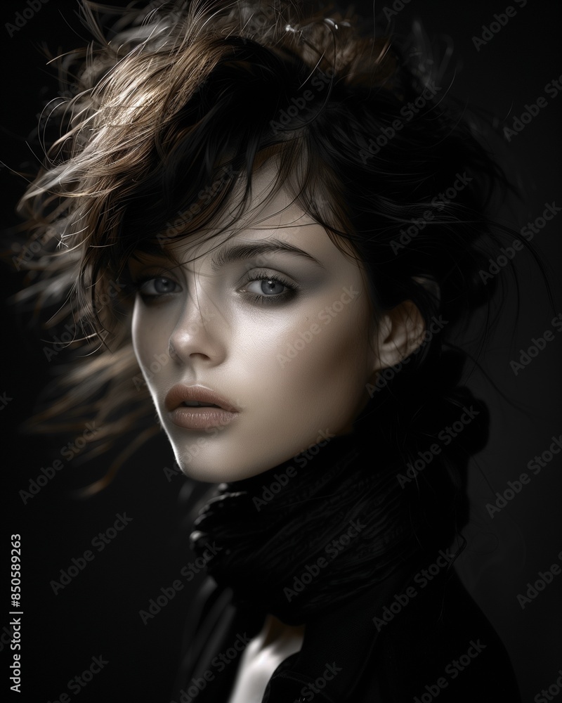 Serene Beauty: Captivating Portrait of a Woman with Windswept Hair Serene Beauty: Captivating Portrait of a Woman with Windswept Hair
