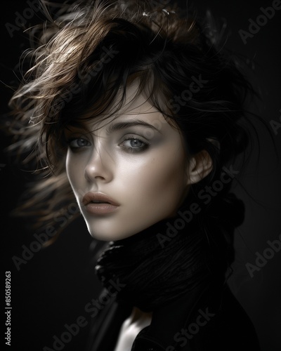 Serene Beauty: Captivating Portrait of a Woman with Windswept Hair © Viktorikus