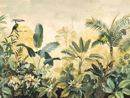 Modern wallpaper. Watercolor jungle illustration. Crane bird elements, watercolor painting wallpaper. Mural wallpaper. AI generated illustration