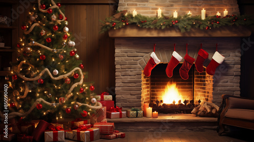Christmas Tree and Fireplace with Stockings and Presents Festive Decor © Peery