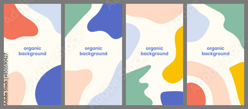 Vector set of abstract creative backgrounds in minimal organic style with space for text. Contemporary templates for social media stories. Simple, stylish and colorful wallpaper designs.