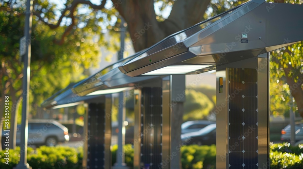 Fototapeta premium A closeup of the solar panels on top of the charging station glistening in the sunlight.