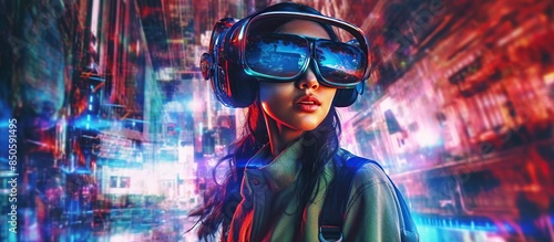 Woman with glasses of virtual reality. Future technology concept.