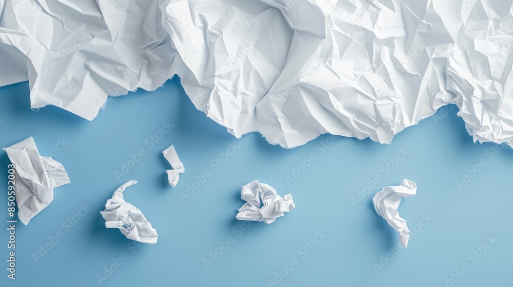 Obraz premium White paper crumpled against blue backdrop photographed