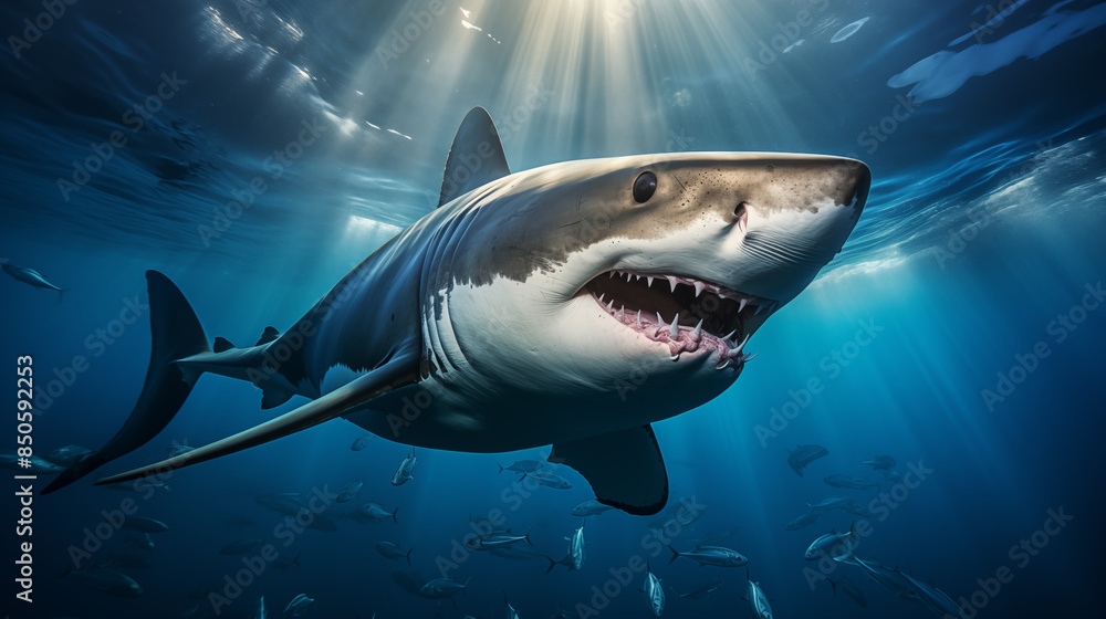 Fototapeta premium Majestic Great White Shark in Sunlit Ocean Depths