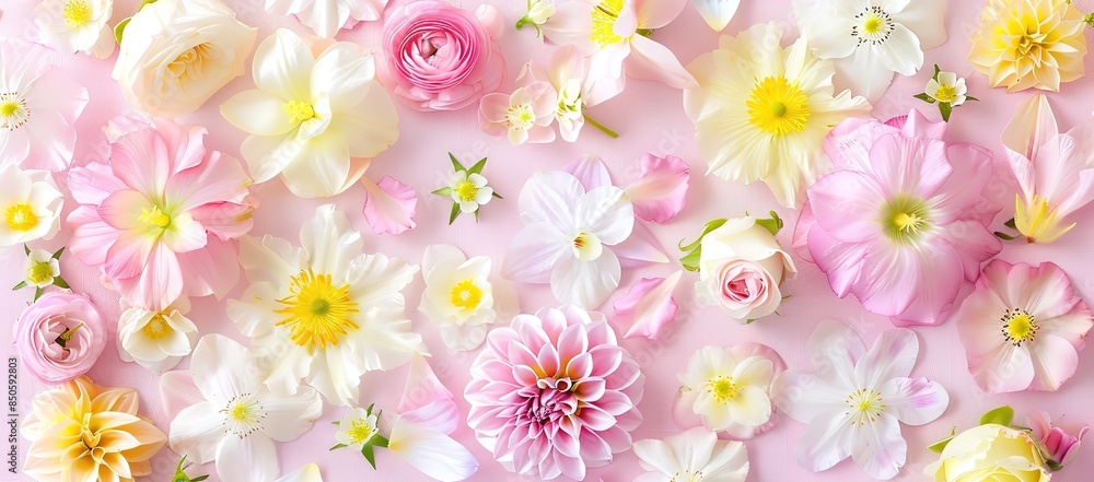 A pink background with various kinds of flowers scattered on it A pink background with various kinds of flowers scattered on it
