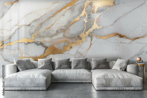 Wallpaper illustration with White and Gold marble pattern on the wall, grey sofa in front of it. Created with Ai photo