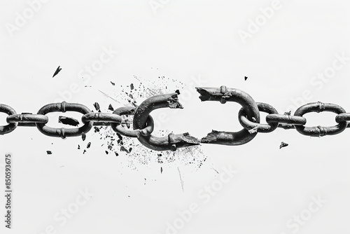Black and white broken chain on white background, symbol of freedom to strength concept, high resolution