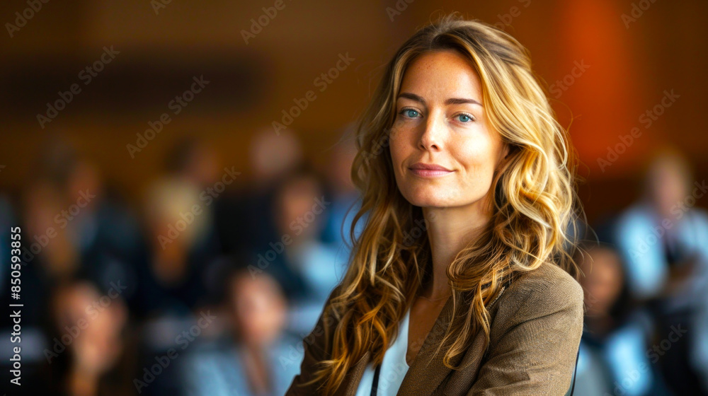 female presenter confidently standing delivering material, formal and elegant clothing, business office event, friendly facial expression, front view female presenter confidently standing delivering material, formal and elegant clothing, business office event, friendly facial expression, front view