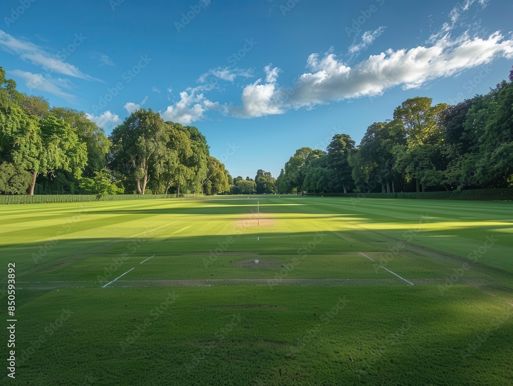 Naklejka premium Pristine cricket pitch under a bright blue sky