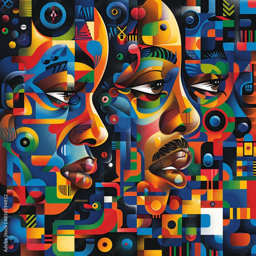 Obraz premium This abstract portrait of a Black man for Black History Month showcases bold geometric shapes symbolizing strength and unity, with a vibrant color palette