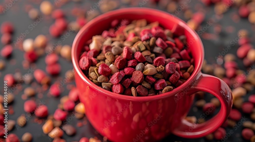 Dry pet food in the cup cup red colour