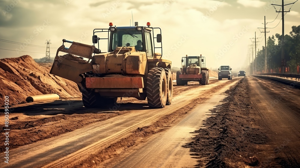 A new road is under construction with several pieces of heavy equipment A new road is under construction with several pieces of heavy equipment