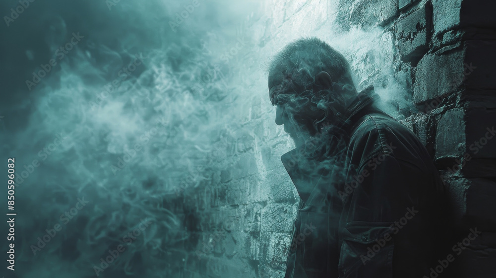 A man is standing in front of a brick wall with a cigarette in his mouth A man is standing in front of a brick wall with a cigarette in his mouth