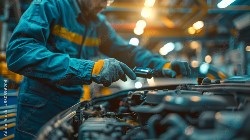 A mechanic is working on a car engine A mechanic is working on a car engine