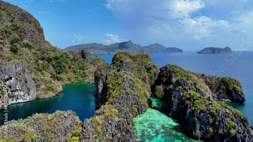 Aerial view of One of the best island and beach destination in the world, a stunning view of rocks formation and clear water of El Nido Palawan, Philippines.	 photo