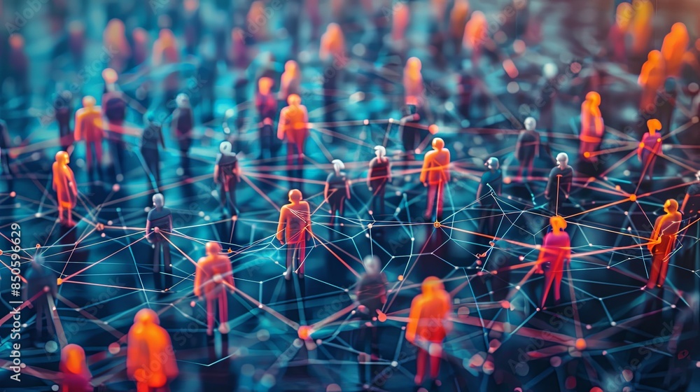 A vibrant pattern of colored nodes and lines with human silhouettes, depicting social networking and connectivity A vibrant pattern of colored nodes and lines with human silhouettes, depicting social networking and connectivity