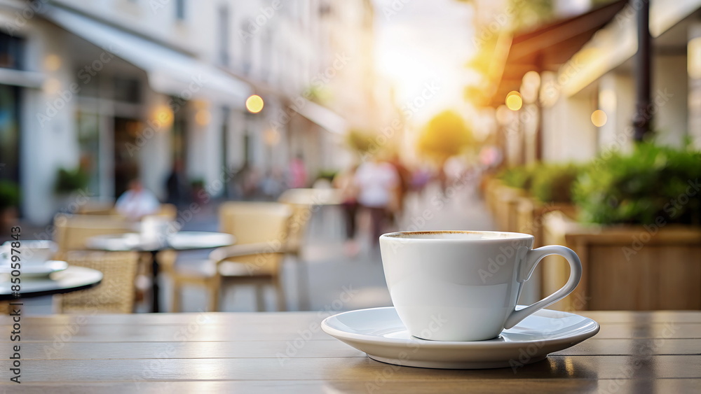 Coffee cup mockup blank on wooden table on blured street cafe background banner . Copy space. Branding mock up template . Coffee cup mockup blank on wooden table on blured street cafe background banner . Copy space. Branding mock up template .